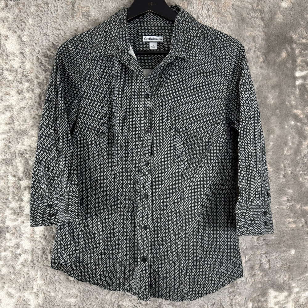 Croft & Barrow‎ Size S Geometric Print Button Up Shirt Black 3/4 Sleeve Womens